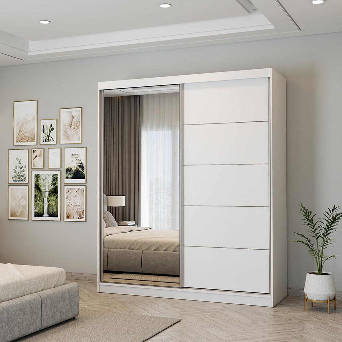 SCHWEBETÜRENSCHRANK 183/218/61 cm 2-türig Bella 03 Weiß, Weiß - Alufarben/Weiß, Holzwerkstoff/Metall (183/218/61cm) - imoebel24