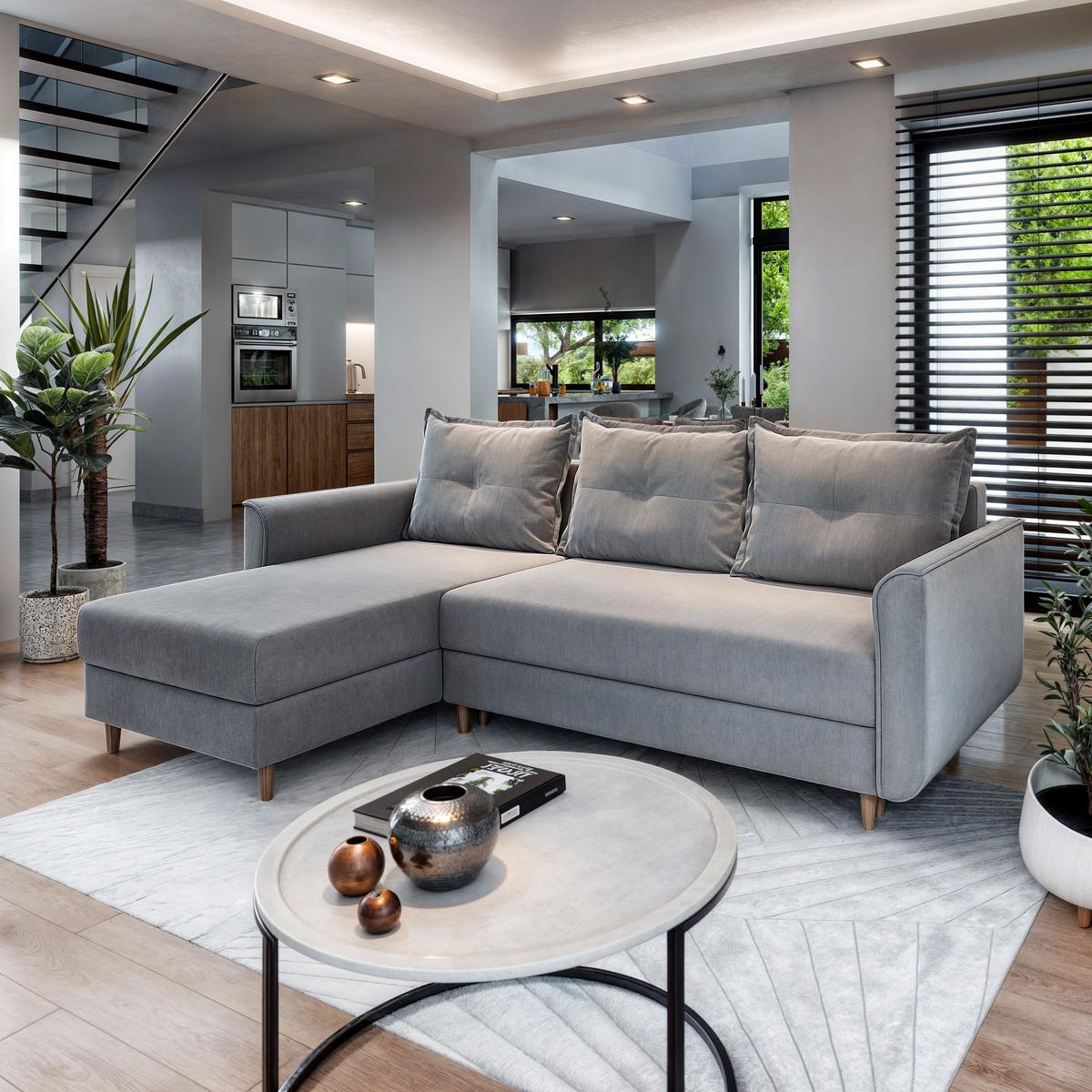 ECKSOFA PISAN L-S Hellgrau Plüsch-Stoff mit Schlaffunktion - Hellgrau/Braun, Holz/Textil (220/140cm) - MASSENO