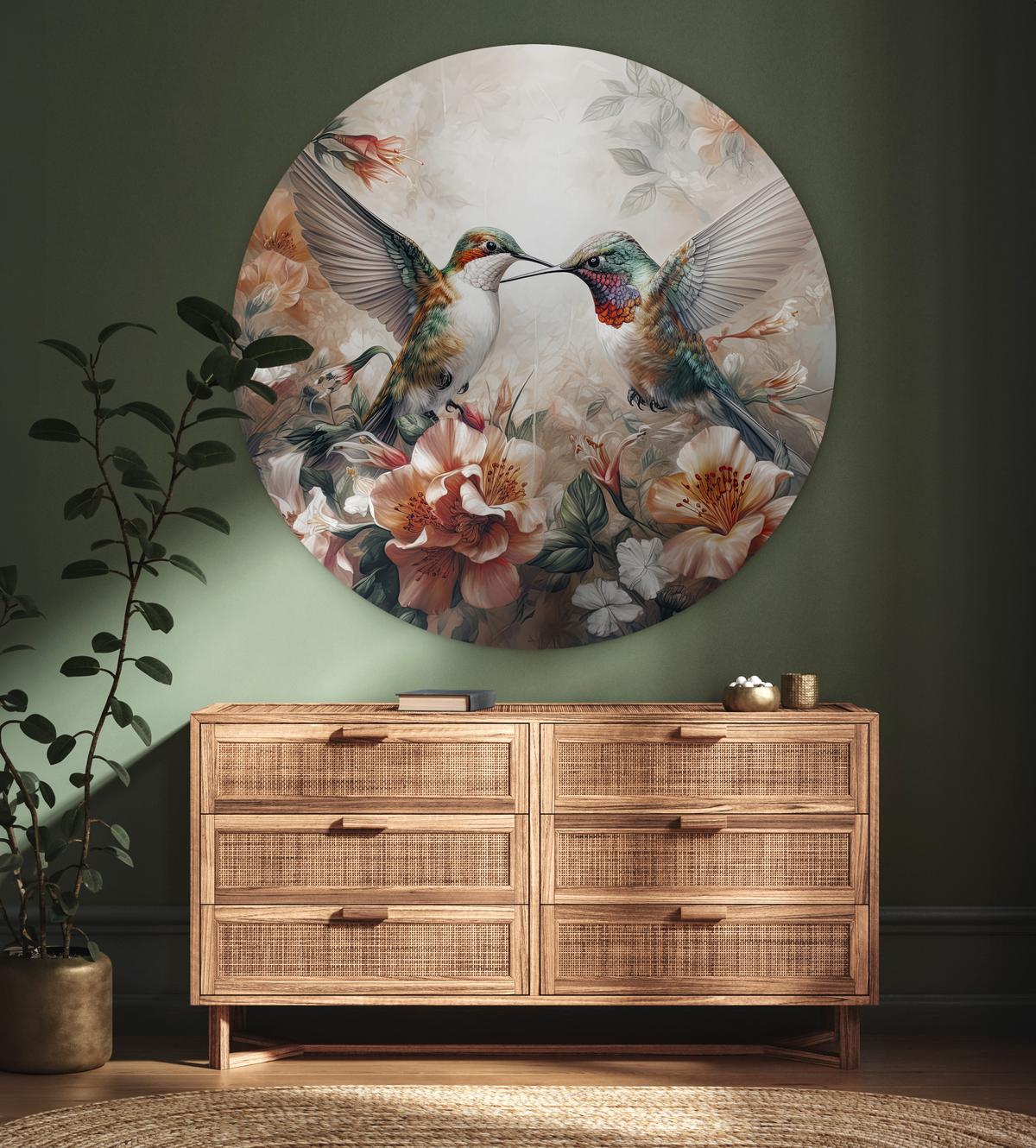 WANDBILD Kolibri - Vögel - Blumen - Natur Deko Groß 150x150 cm - Altrosa, Kunststoff (150/150cm) - MuchoWow