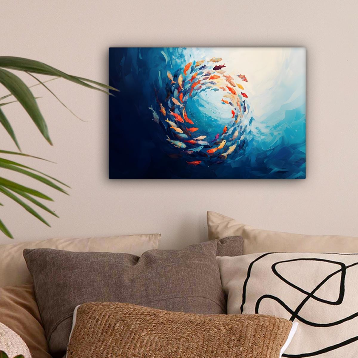 LEINWANDBILD Meer - Fische - Bunt - Dynamisch Deko Schlafzimmer 30x20 cm - Hellblau, Textil (30/20cm) - MuchoWow