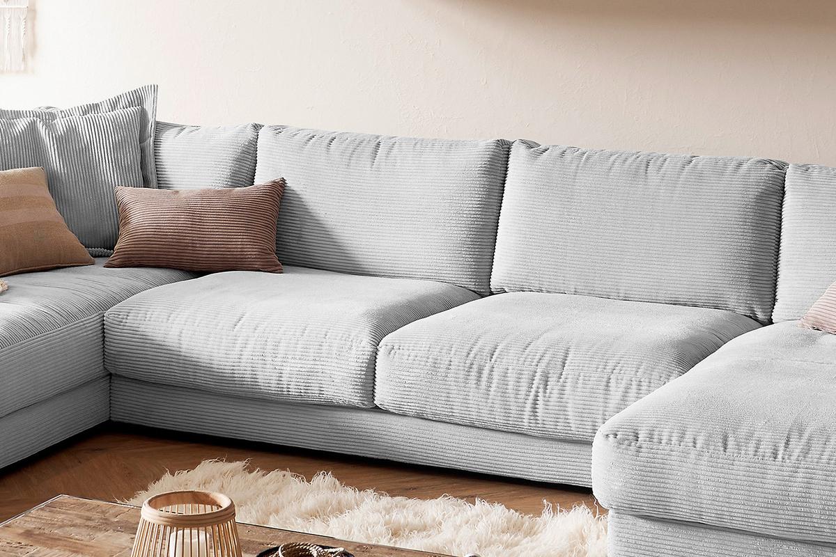 WOHNLANDSCHAFT MADELINE Hellgrau Cord - Hellgrau/Schwarz, Kunststoff/Textil (425/86/224cm) - KAWOLA