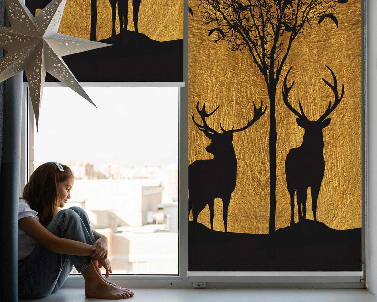 INNENROLLO - Fensterrollo - Rollo - 100x100 cm - Hirsche bei Nacht - Gelb, Kunststoff (100/100/0.5cm) - TULUP