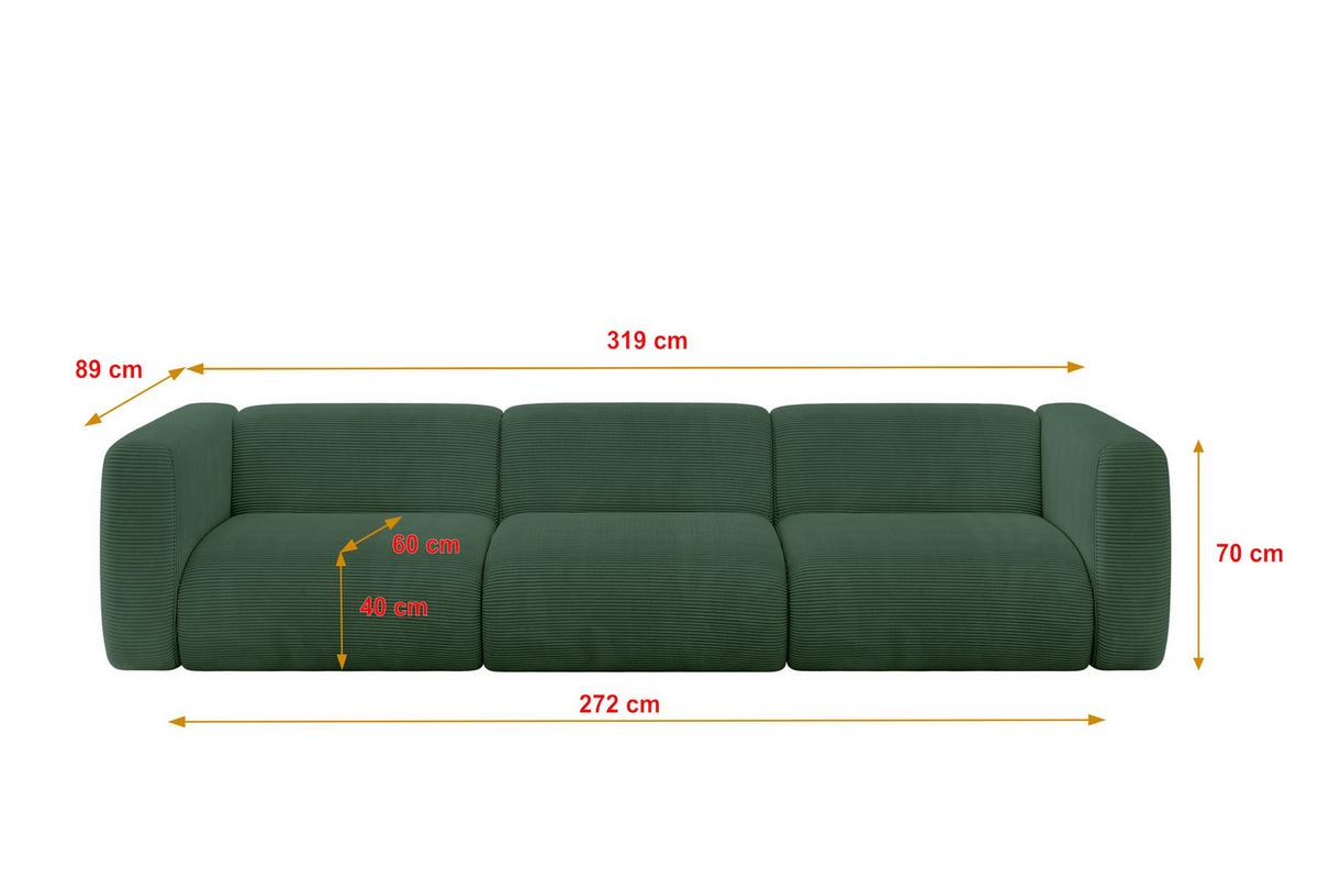 MODULARES Sofa 3-SITZER MIRA-S2 319x89x70 Grün cm Cord - Salbeigrün/Schwarz, Holzwerkstoff/Kunststoff (319/70/89cm) - ALTDECOR