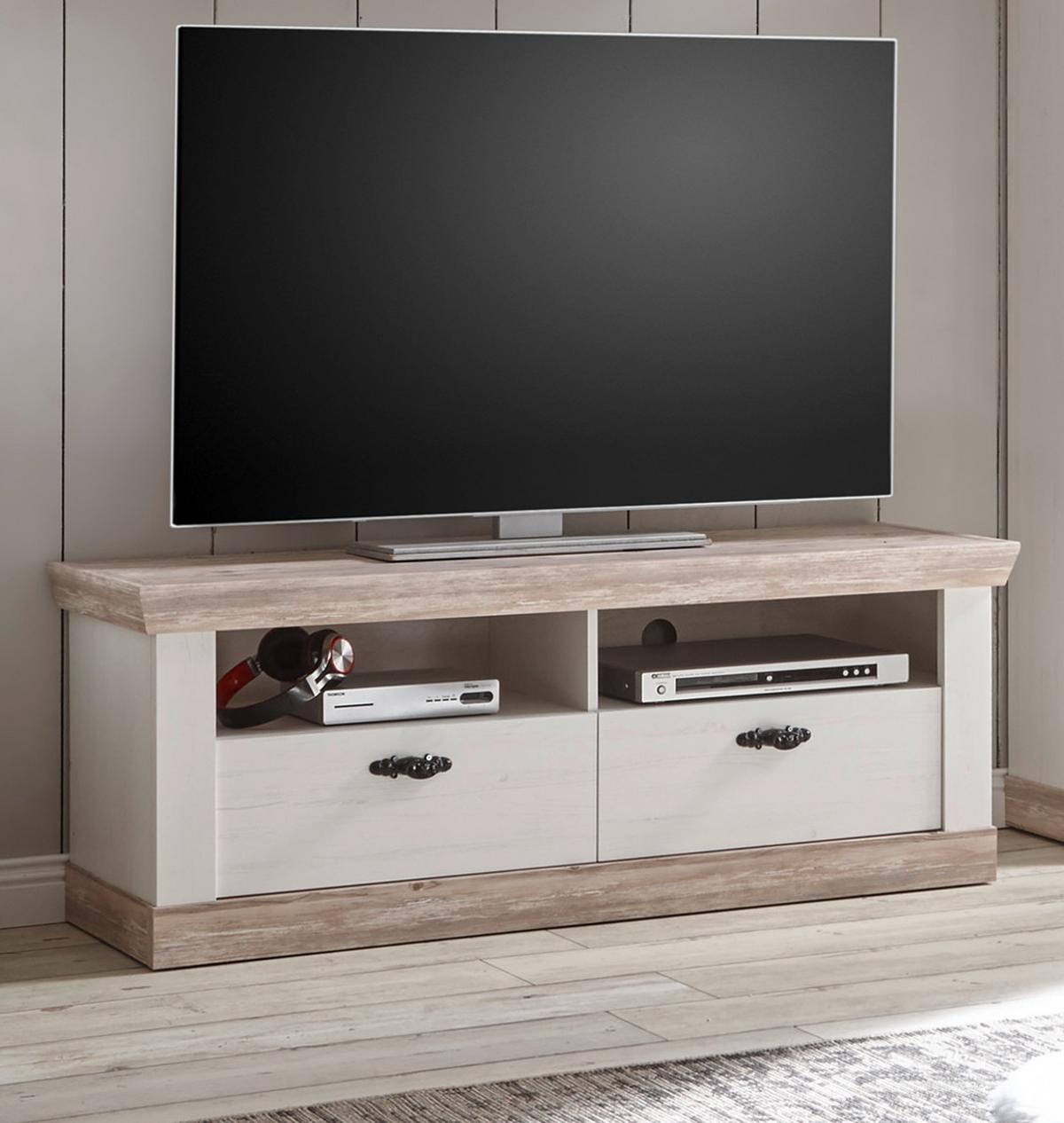 TV-LOWBOARD Pinie weiß, Oslo Pinie Landhaus, TV-Unterteil, 134 x 51 cm - Anthrazit/Weiß, Holzwerkstoff/Metall (134/51/44cm) - Furn.Design