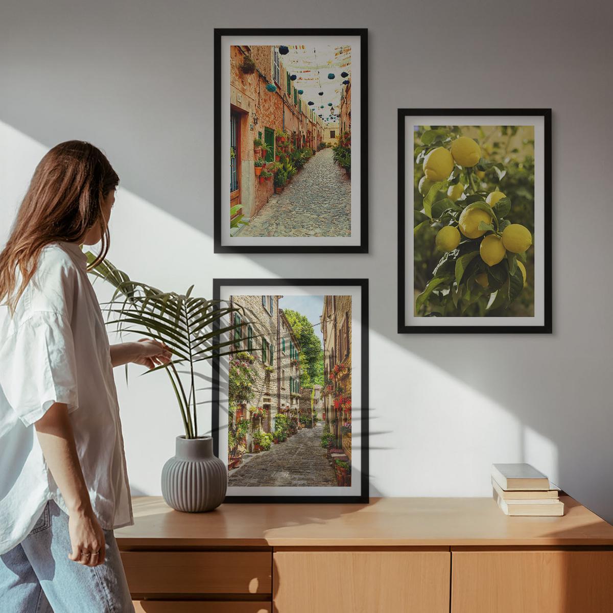 BILDER SET 3er Set - 40x60 cm Schwarzer Rahmen - Straßen mit Zitronenblüten im Hintergrund - Schwarz, Kunststoff (40/60cm) - TULUP