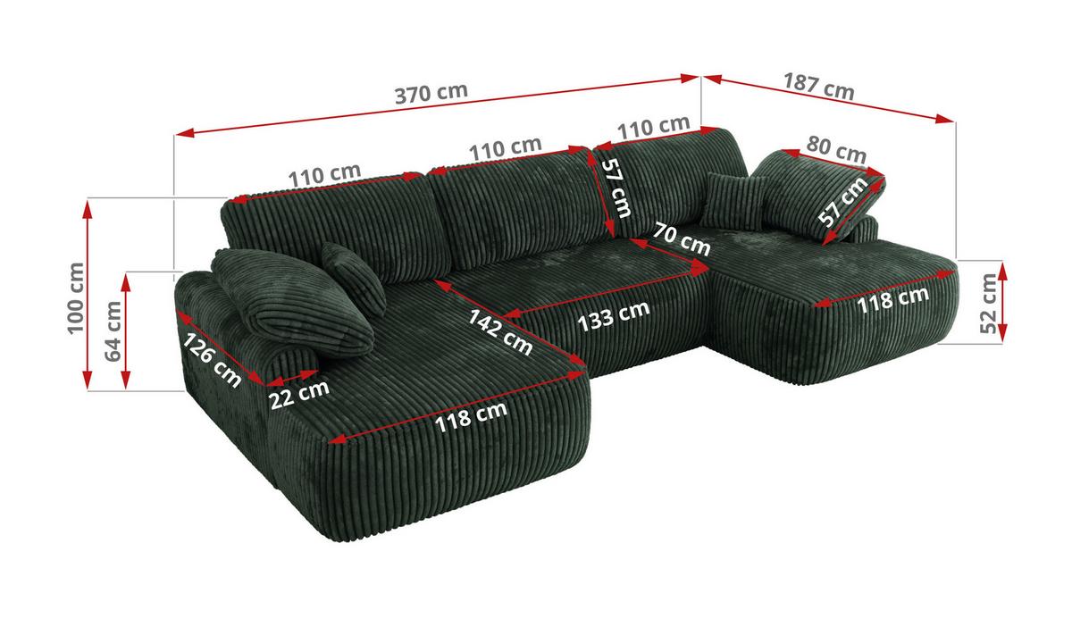 WOHNLANDSCHAFT CUBO U Grün Cord - Schwarz/Grün, Kunststoff/Textil (370/100/187cm) - MKS