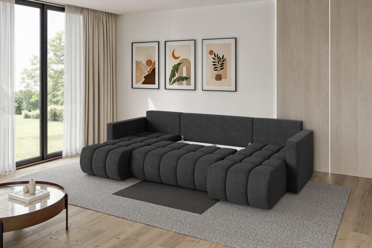 WOHNLANDSCHAFT mit Schlaffunktion und Bettkasten GARD-U 300x146x85 Dunkelgrau Velours - Anthrazit/Schwarz, Holzwerkstoff/Kunststoff (300/85/146cm) - ALTDECOR
