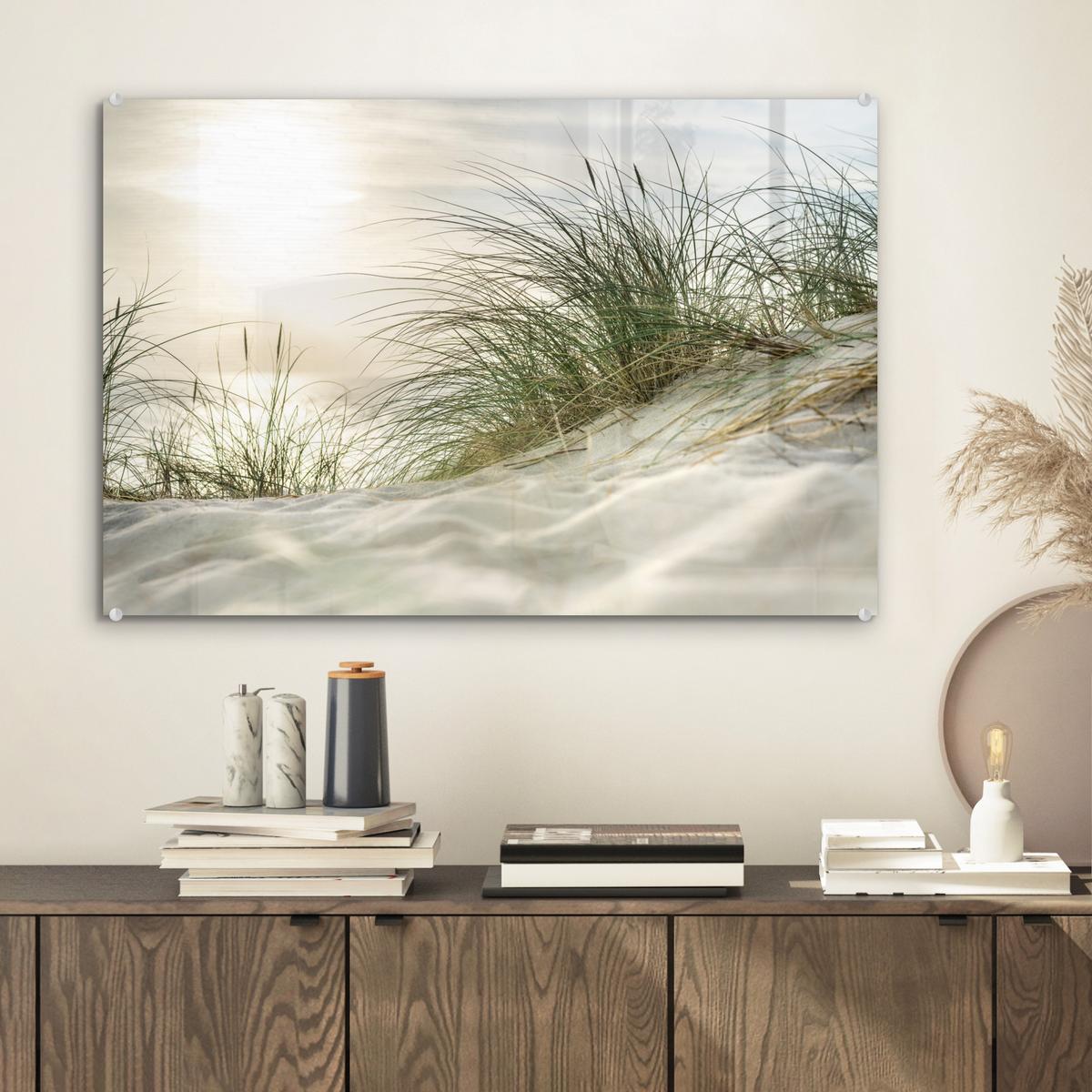 ACRYLGLASBILD Dünen mit Strandhafer in der Sonne des Nationalparks Schleswig-Holsteinisches Wattenmeer Wanddeko 60x40 cm - Creme, Glas (60/40cm) - MuchoWow