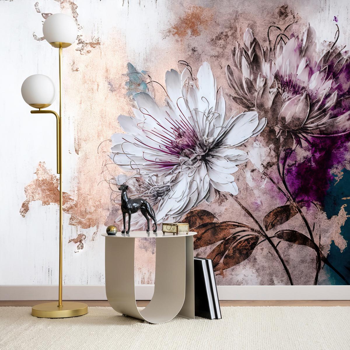 FOTOTAPETE für Wohnzimmer Blumen Blätter Abstraktion 350x256 - Beige/Violett, Papier (350/256cm) - Muralo
