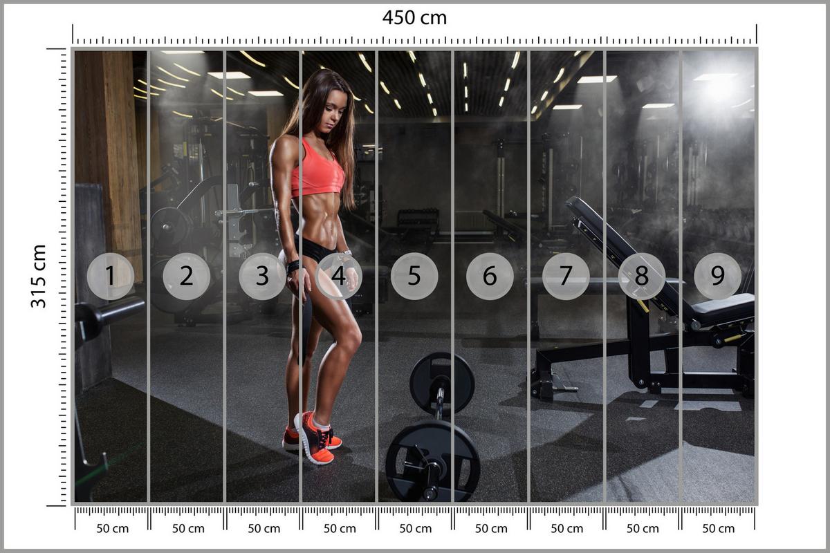 FOTOTAPETE Fit Frau Gym Langhantel Kraft Sport Fitnessstudio 450x315 - Schwarz/Braun, Papier (450/315cm) - Muralo