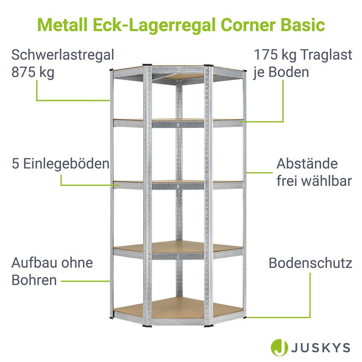 ECKREGAL Lagerregal Corner Basic verzinkt 180x70x70 cm - Silberfarben, Metall (70/180/70cm) - Juskys