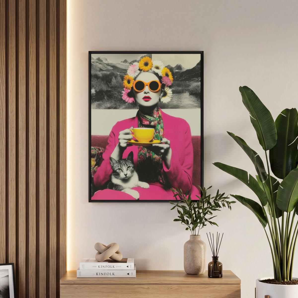 LEINWAND Bilder mit Rahmen - Frau - Katze - Blumen - Tasse - Retro - 60x80 - Magenta, Textil (60/80cm) - MuchoWow