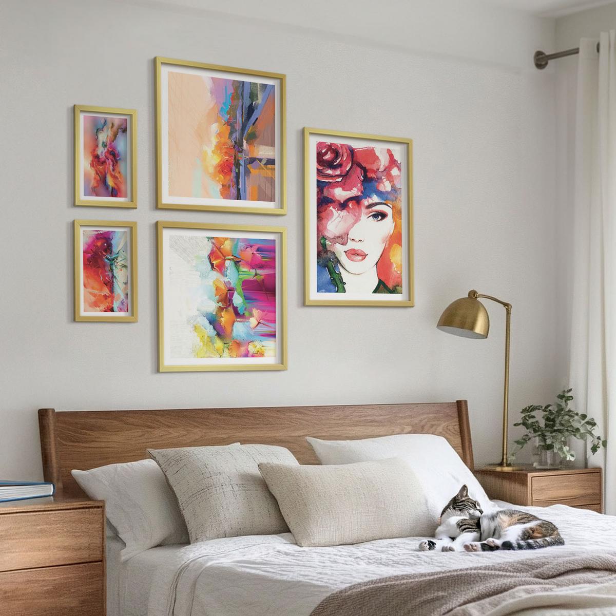 BILDER SET 5er Set - 50x50 cm & 20x30 cm & 40x60 cm Goldrahmen - Italienische Flüsse, Hügel, Straße - Goldfarben, Kunststoff (40/60cm) - TULUP