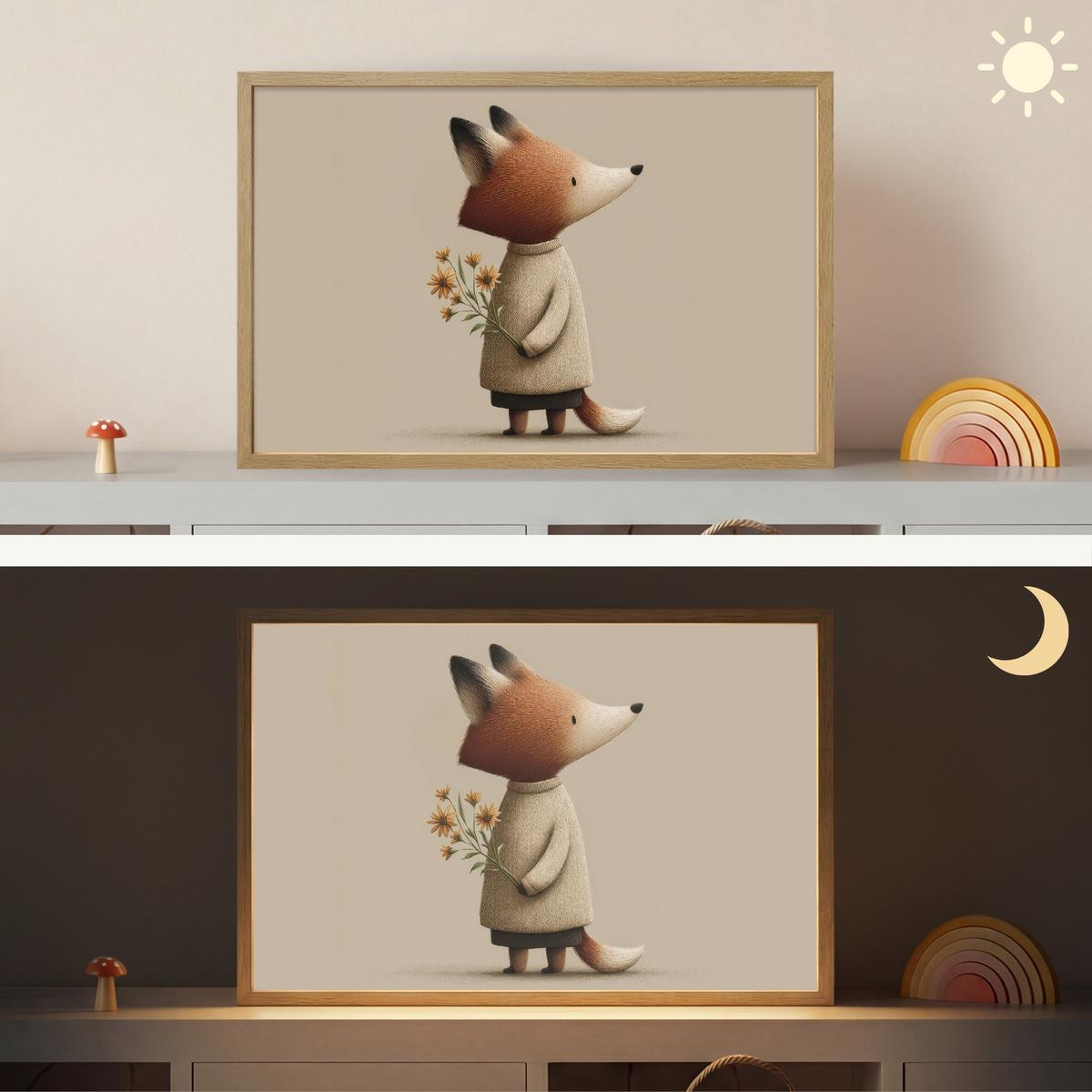 WANDLEUCHTE MIT AKKU Fuchs - Gelbe Blumen - Minimalistisch 60x40 cm - Taupe, Holzwerkstoff (60/40/8cm) - OnlyWow