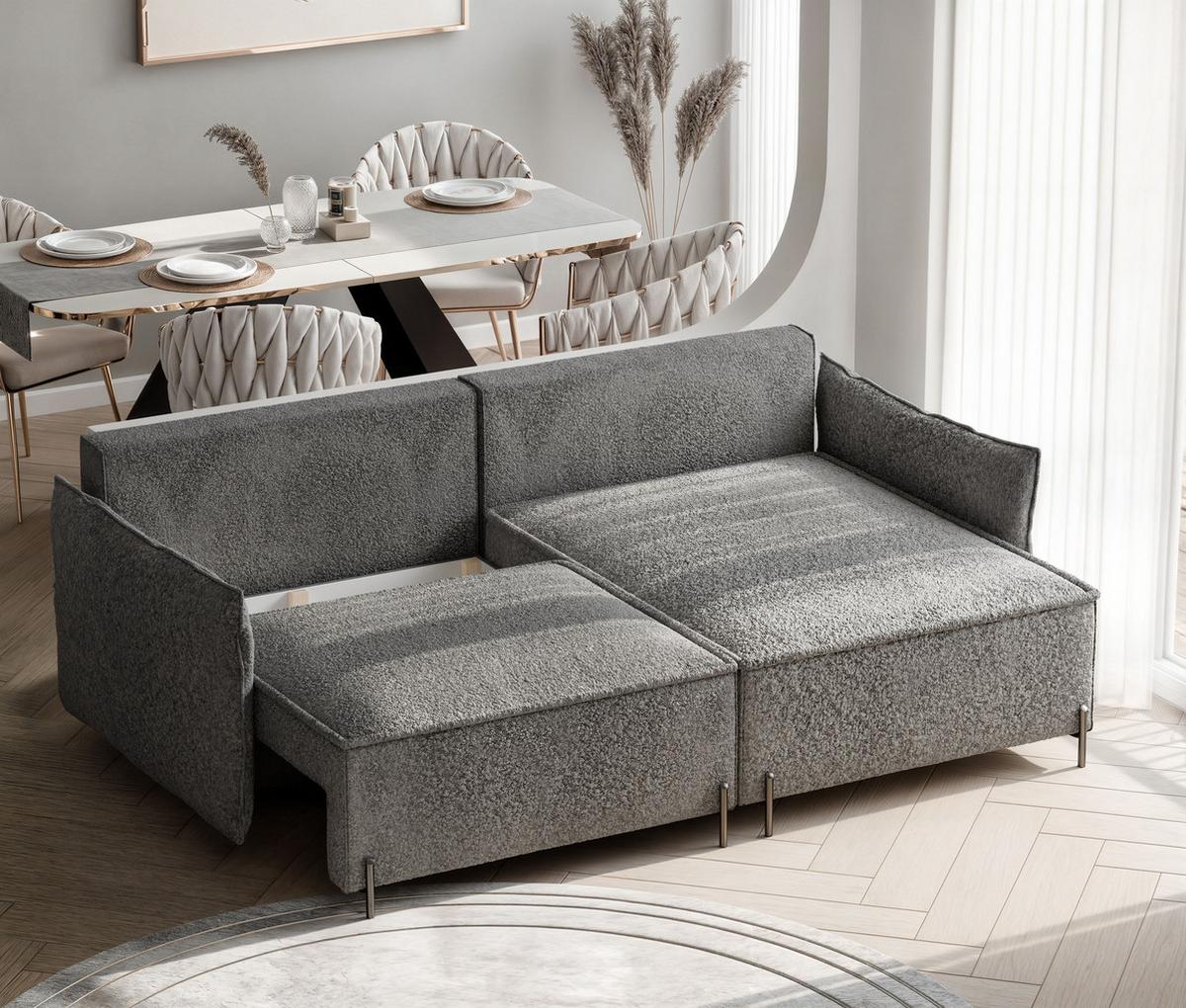 ECKSOFA MARCO Rechts, mit Schlaffunktion und Bettkasten, Dunkelgrau - Dunkelgrau, Textil/Metall (221/148cm) - Idohome