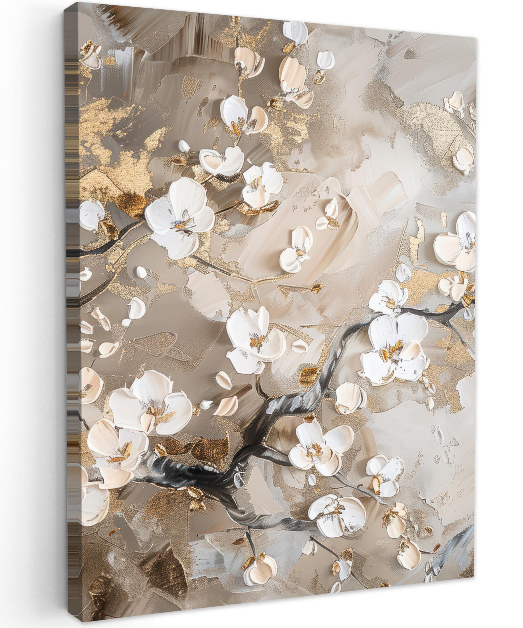 LEINWANDBILD Blumen - Weiß - Gold - Beige - Luxus Room Decor 30x40 cm - Greige, Textil (30/40cm) - MuchoWow