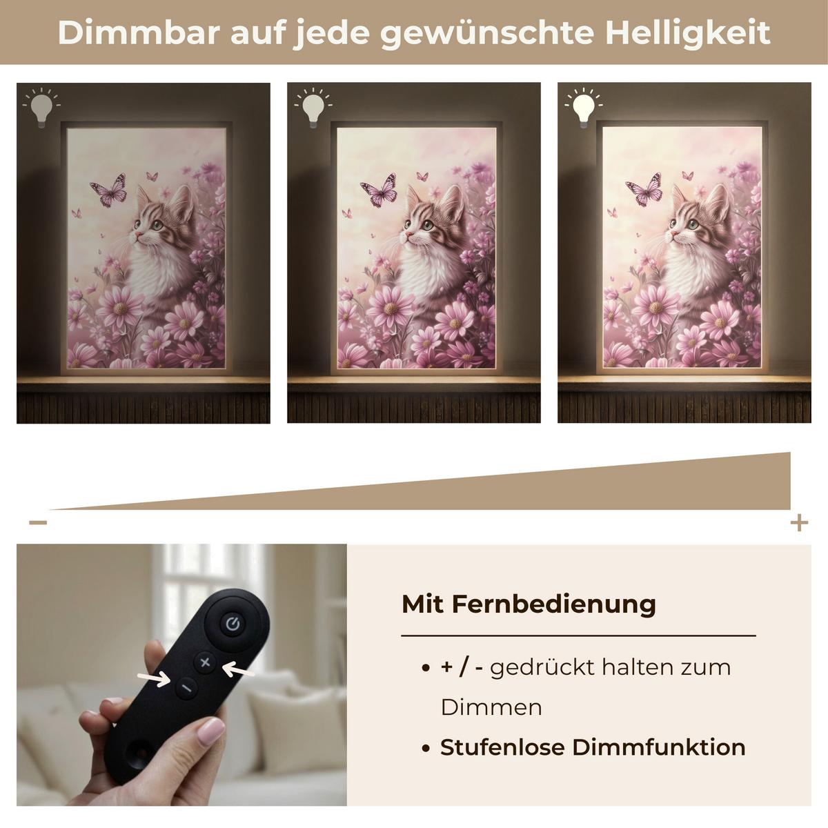WANDLEUCHTE MIT AKKU Kätzchen - Blumen - Schmetterlinge - Lila 40x60 cm - Altrosa, Holzwerkstoff (40/60/8cm) - OnlyWow