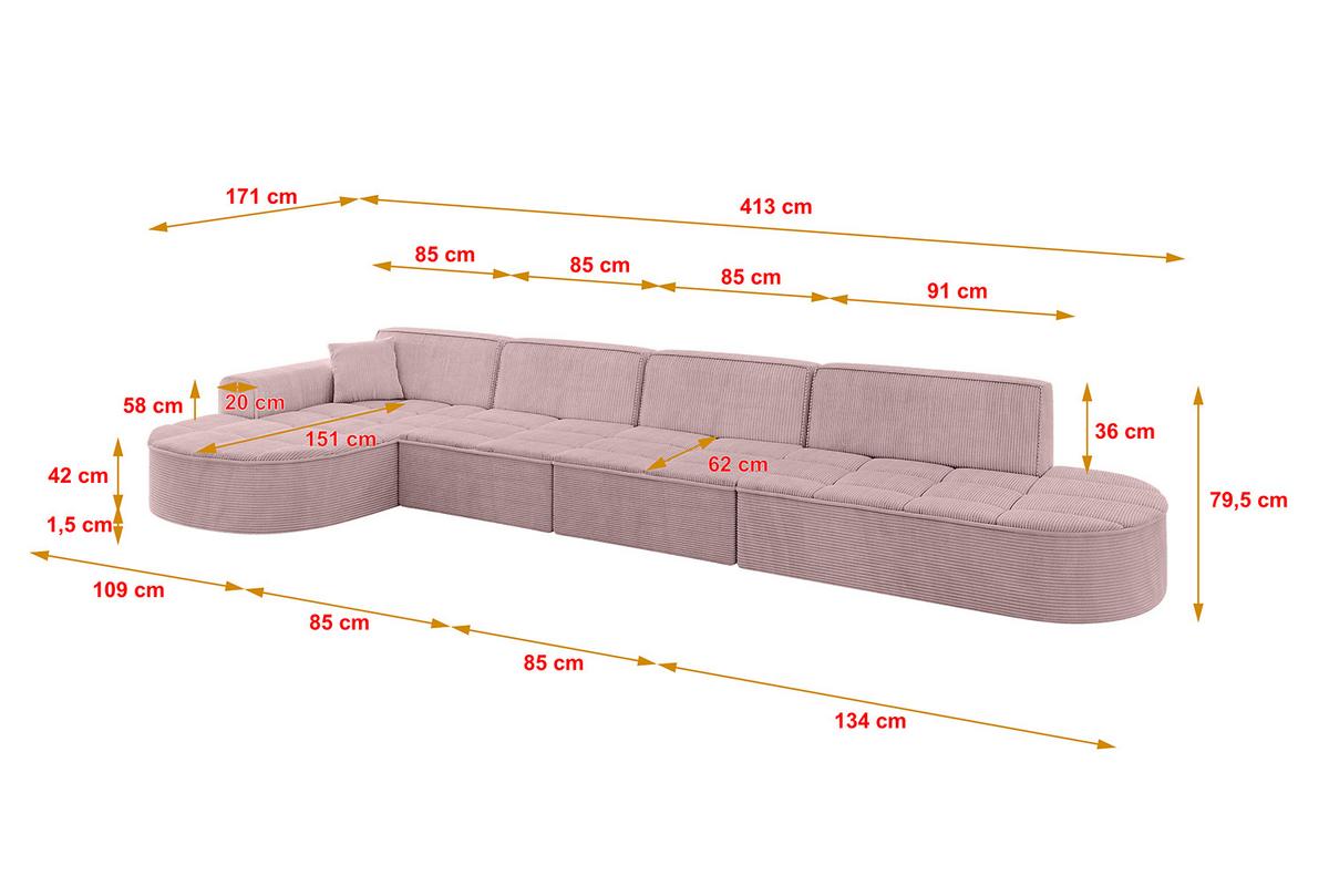 ECKSOFA Ottomane Links TARO-L3 - 413x171x79,5 cm Rosa - Rosa, Holzwerkstoff/Textil (413/171cm) - ALTDECOR
