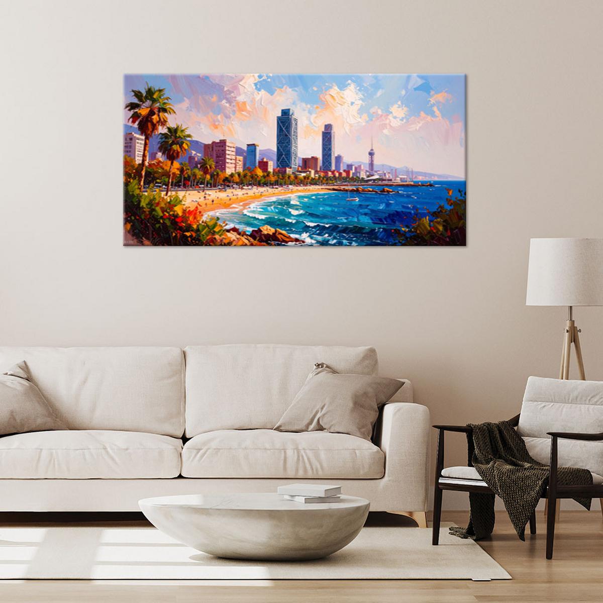 LEINWANDBILD Strand Barcelona Spanien 100x50cm - Multicolor, Textil (100/50cm) - Feeby