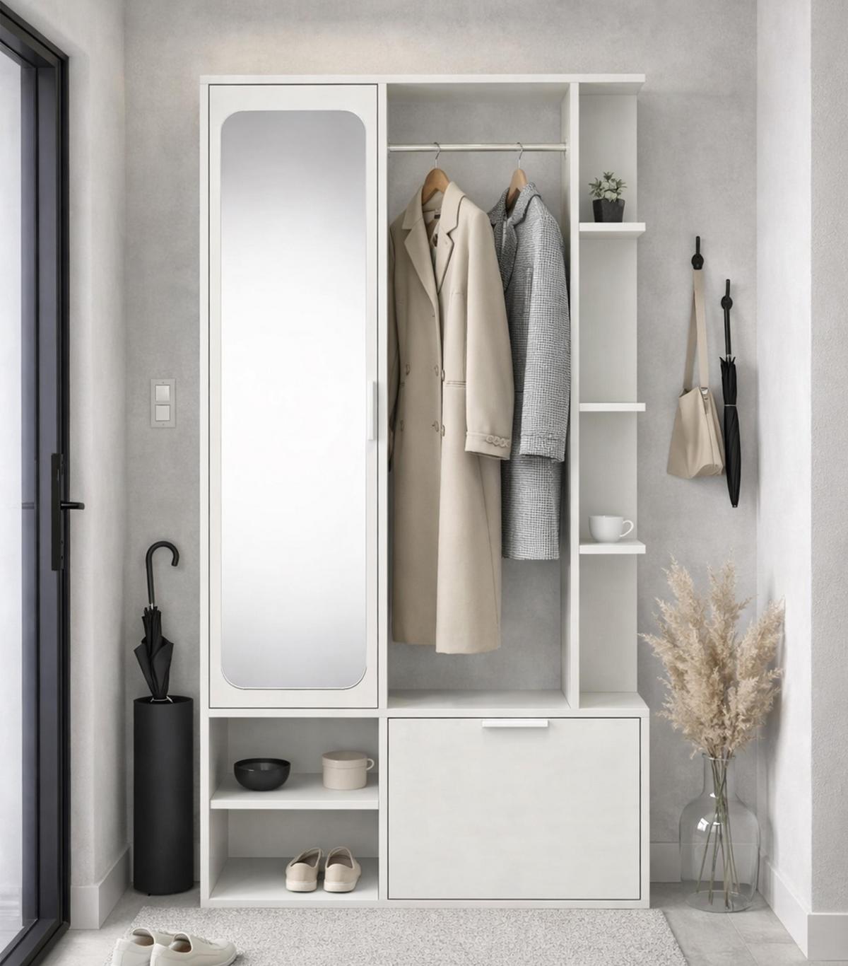 GARDEROBENSCHRANK Nemrut Weiß 100/189/33 cm – Modern, mit Spiegel und viel Stauraum - Weiß, Holzwerkstoff/Kunststoff (100/189.4/33cm) - AX Living