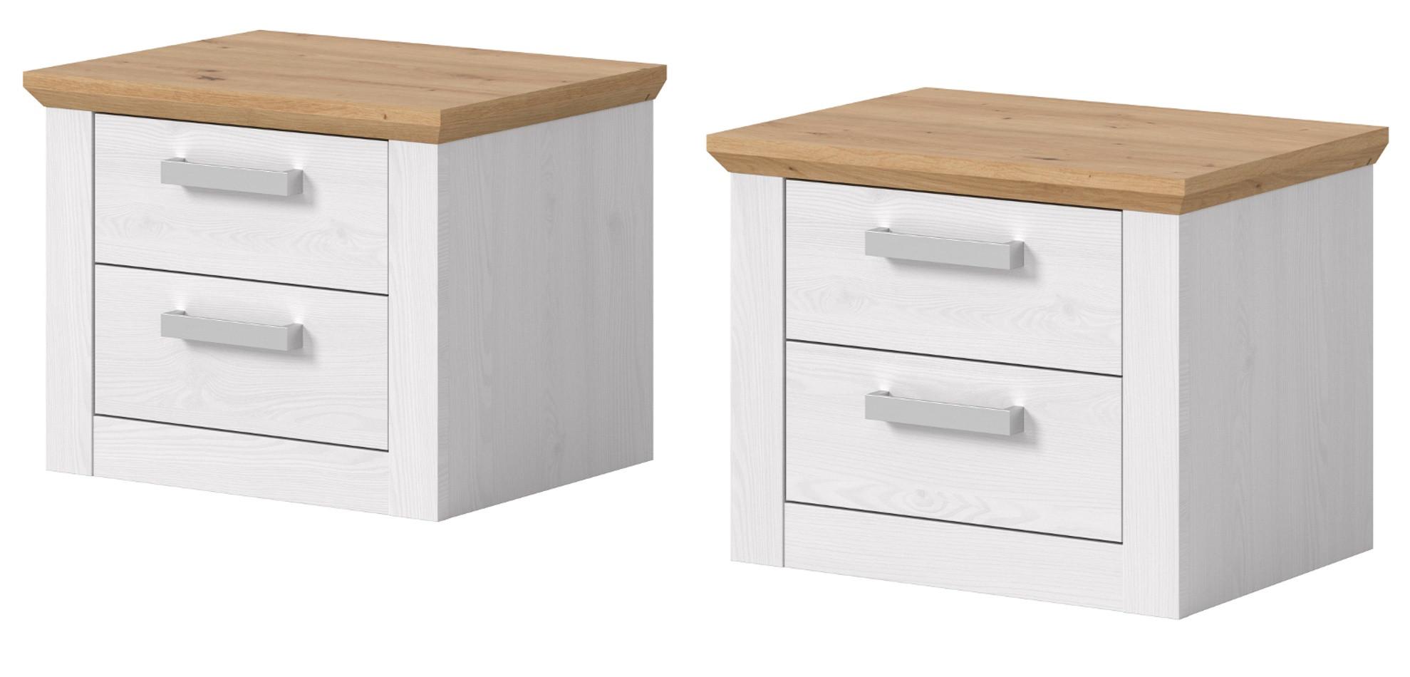 NACHTTISCH 2er Set weiß Lärche, Eiche Artisan Landhaus 56 x 43 cm, 2x Nachtkommode mit Schubkästen - Eichefarben/Silberfarben, Holzwerkstoff/Kunststoff (56/43/39cm) - Inn.Furn