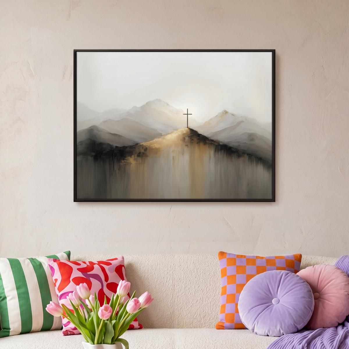 LEINWAND Bilder mit Rahmen - Hügel - Abstrakt - Kreuz - Christentum - 80x60 - Beige, Textil (80/60cm) - MuchoWow