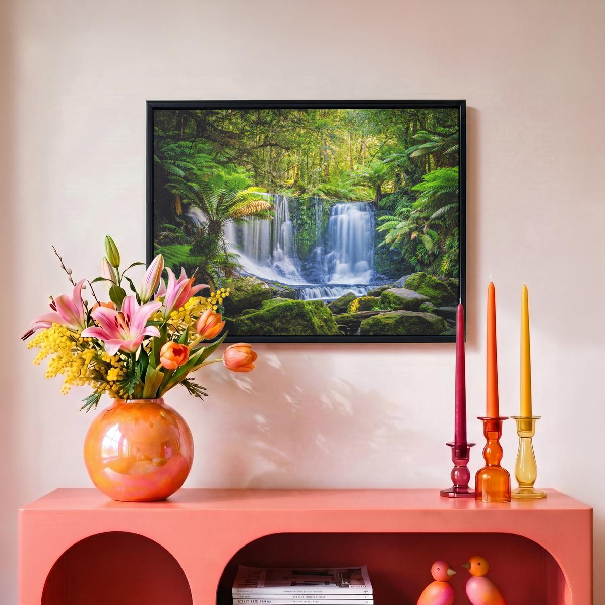 LEINWAND Bilder mit Rahmen - Dschungel - Wasserfall - Australien - Pflanzen - Natur - 40x30 - Dunkelgrün, Textil (40/30cm) - MuchoWow