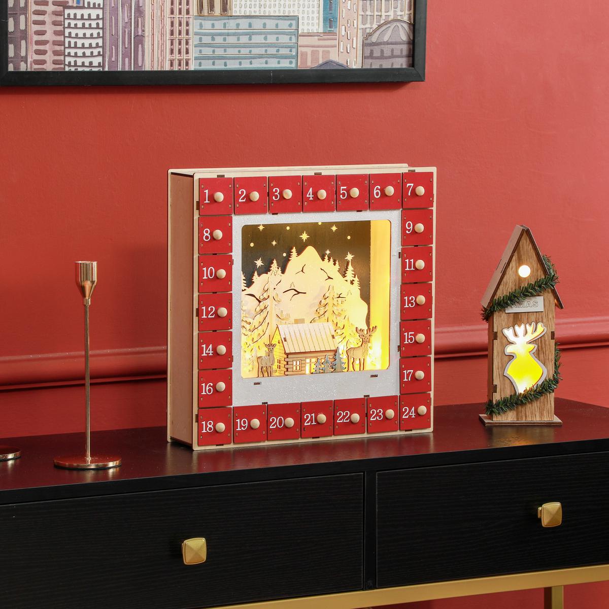 ADVENTSKALENDER Weihnachtskalender 24 Schubladen mit LED-Lichtern MDF Rot - Rot, Holzwerkstoff (7/34/34cm) - HOMCOM