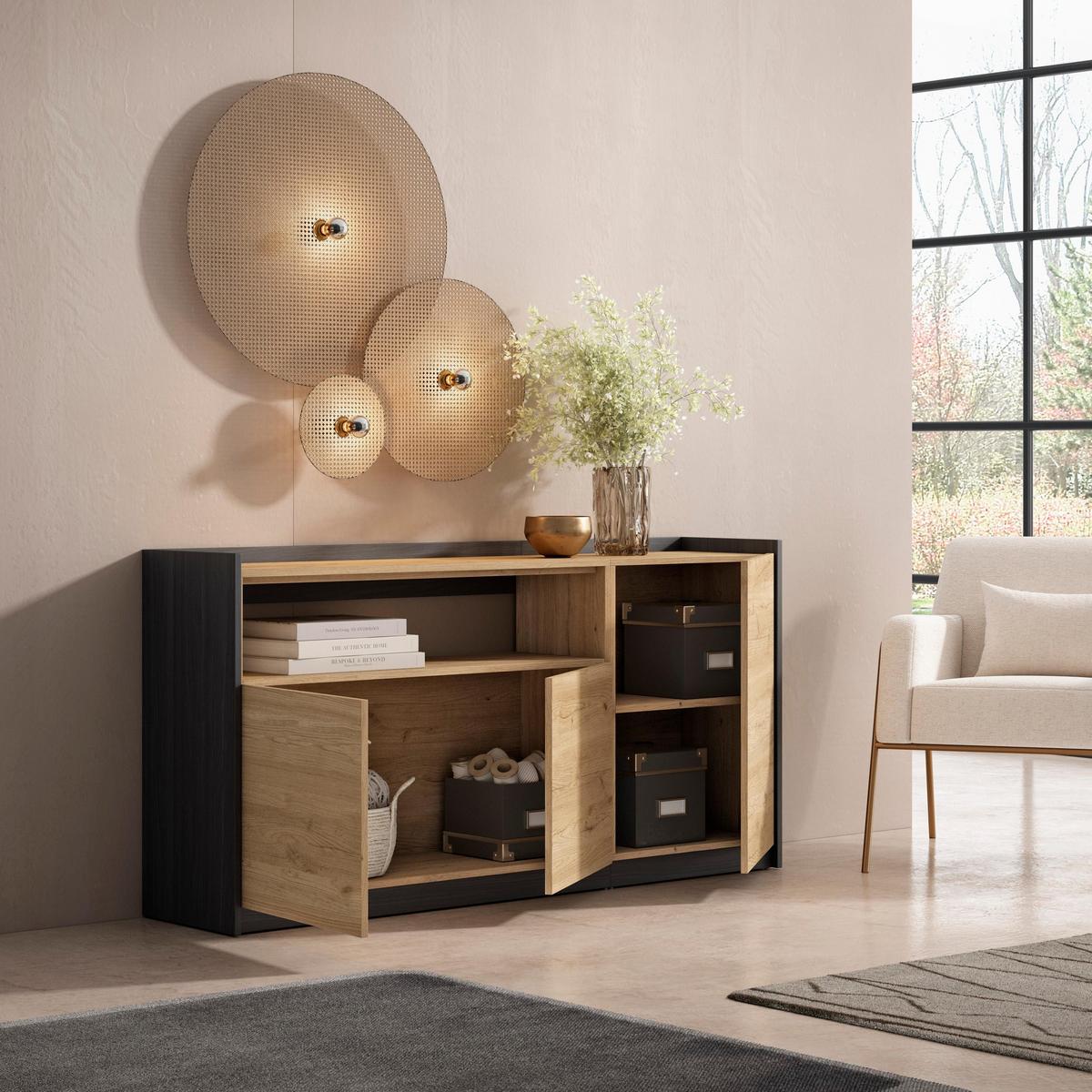 SIDEBOARD, Highboard, Eiche Schwarz, 156/37/80cm - Eichefarben, Holzwerkstoff (156/80/37cm) - Skraut Home