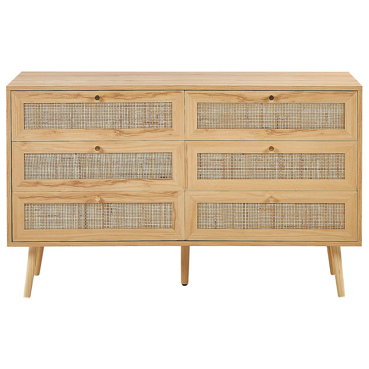 KOMMODE 6 Schubladen Rattan Helles Holz Perote - Hellbraun/Goldfarben, Naturmaterialien (120/75/42cm) - Beliani