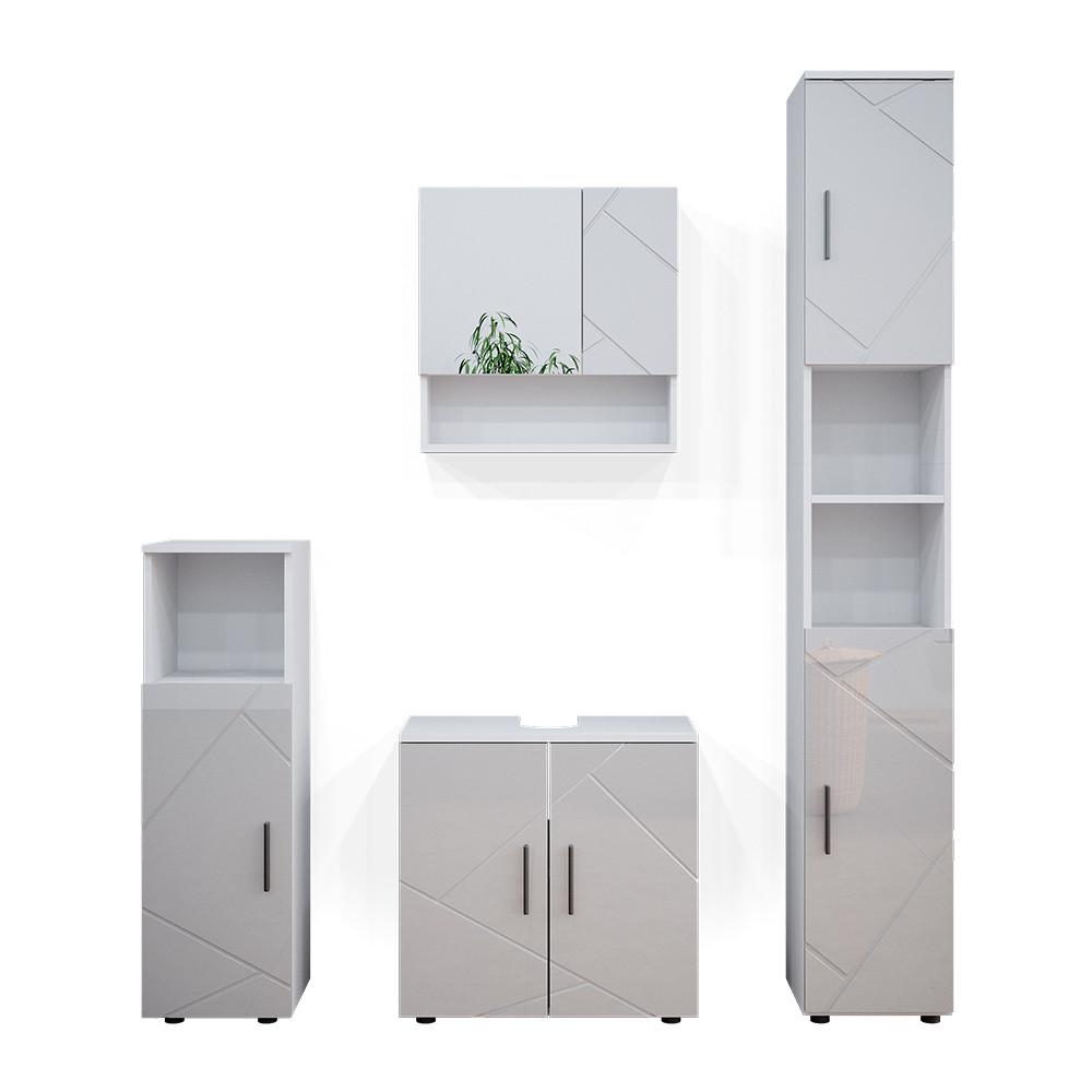BADMÖBEL-SET Ronco Weiß Hochglanz 4 Teile, mit Hochschrank - Weiß Hochglanz, Holzwerkstoff (60/192/30cm) - Livinity®