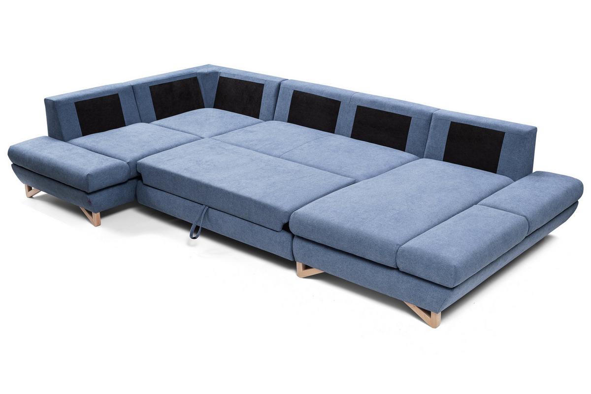WOHNLANDSCHAFT CASA IV L-S Blau Plüsch-Stoff mit Schlaffunktion - Blau, Holz (344/100/199cm) - MASSENO