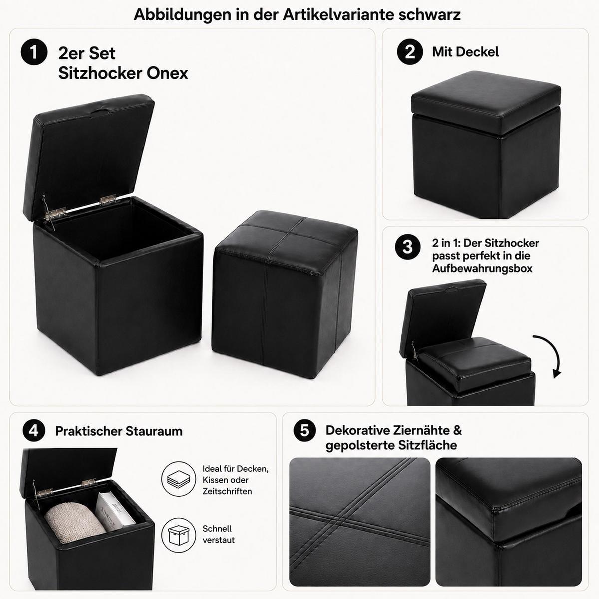 SITZHOCKER Schwarz 2er-Set - Schwarz, Leder (44/45/44cm) - MCW