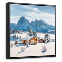 LEINWAND Bilder mit Rahmen - Winter - Hütte - Berge - Aussicht - Schnee - 20x20 - Eichefarben, Textil (20/20cm) - MuchoWow