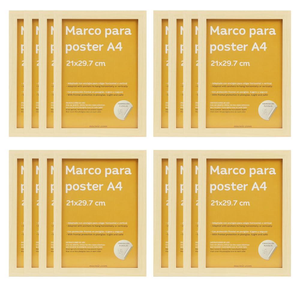 RAHMEN Set mit 12 aus MDF und Acrylglas Schutz und Aussteller für Fotografien, Bilder, Poster, Gemälde, Dekoration für Haus Farbe Hellholz A4 - Beige, Holz (21/3cm) - Nacnic