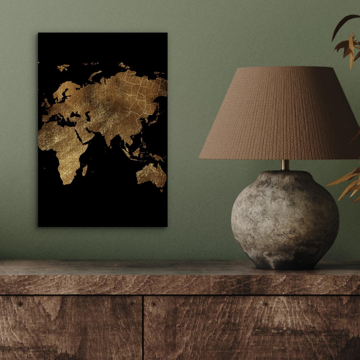 METALLBILD Weltkarte - Gold - Luxus - Erde - Schwarz 20x30 cm - Goldfarben, Metall (20/30cm) - MuchoWow