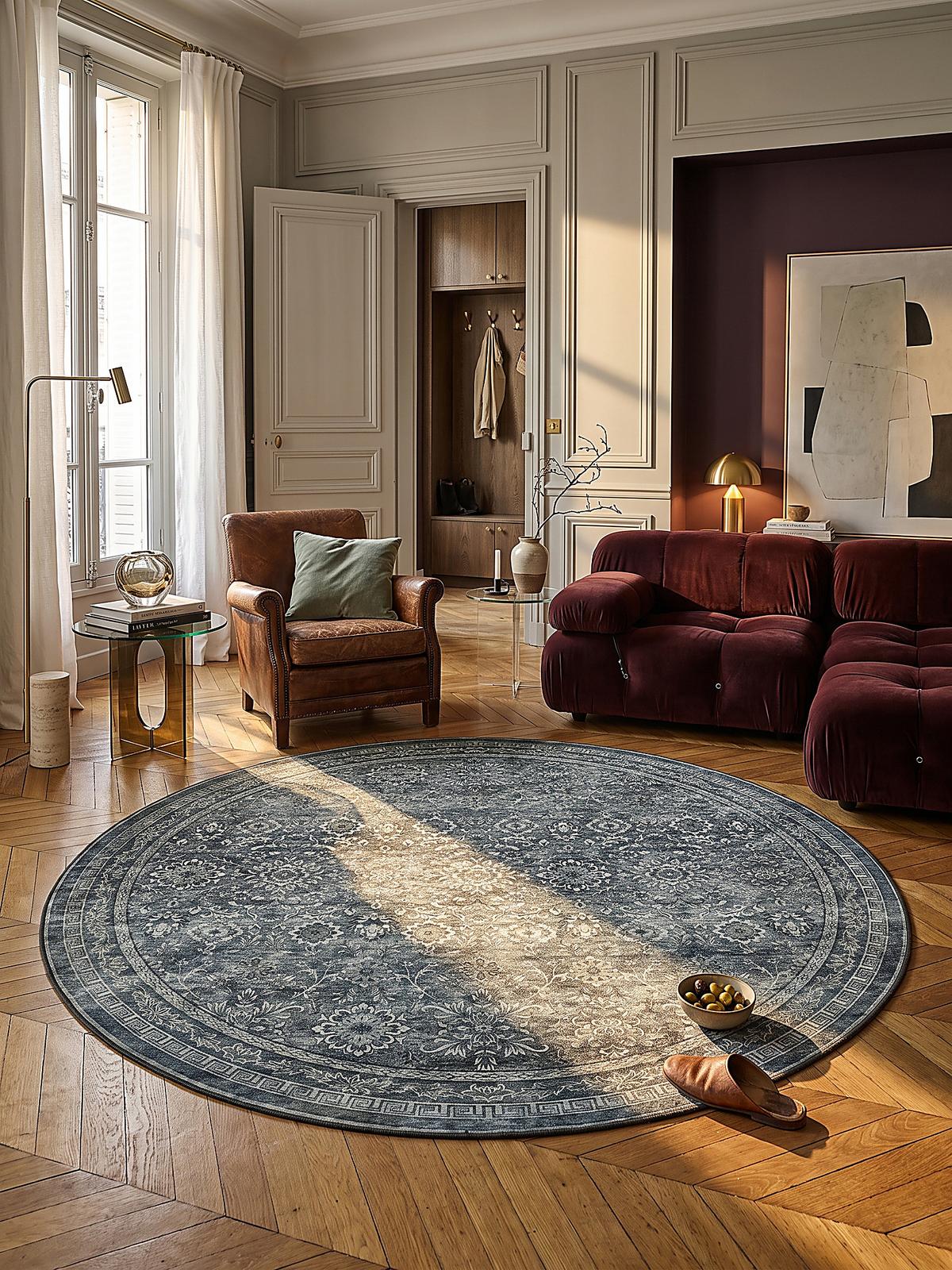 TEPPICH Kurzflor, waschbar, mit floralen Ornamenten, VERNANTE in Grün-Grau, Ø 160 cm - Grün, Textil (160/160cm) - KADIMA DESIGN