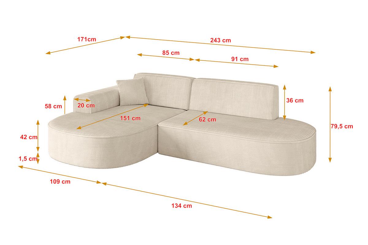 ECKSOFA Ottomane Links MARI-L1 - 243x171x79 cm Beige Cord - Beige/Schwarz, Holzwerkstoff/Kunststoff (163/234cm) - ALTDECOR