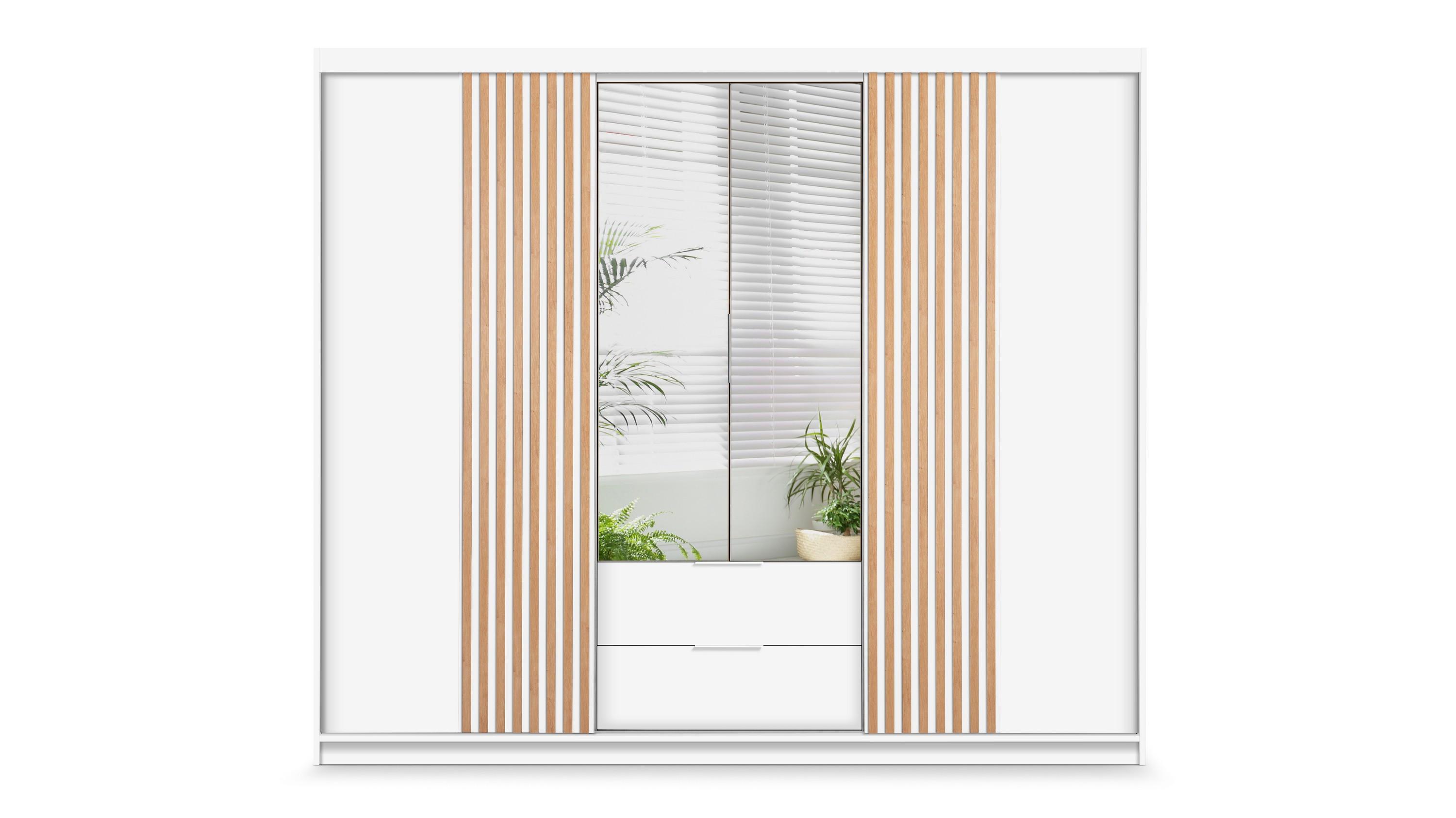 SCHWEBETÜRENSCHRANK AKALI 250/213/60 cm 4-türig mit Spiegel Weiß - Weiß, Holzwerkstoff (250/213/60cm) - MASSENO