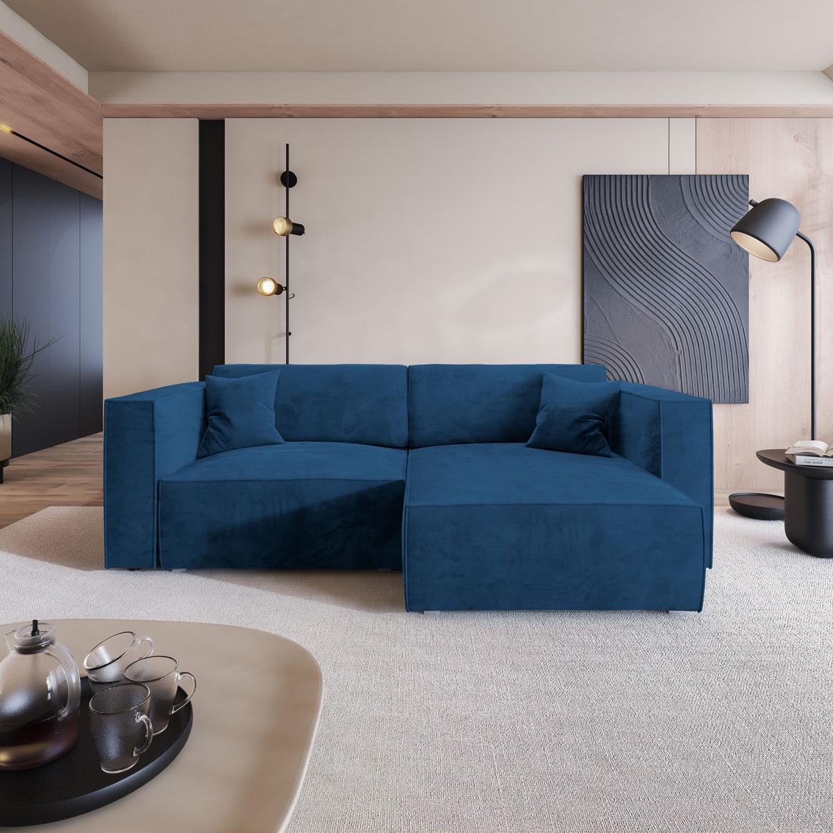 ECKSOFA NERIO M Blau Velours-Stoff mit Schlaffunktion - Blau/Grau, Holz/Kunststoff (245/148cm) - MASSENO