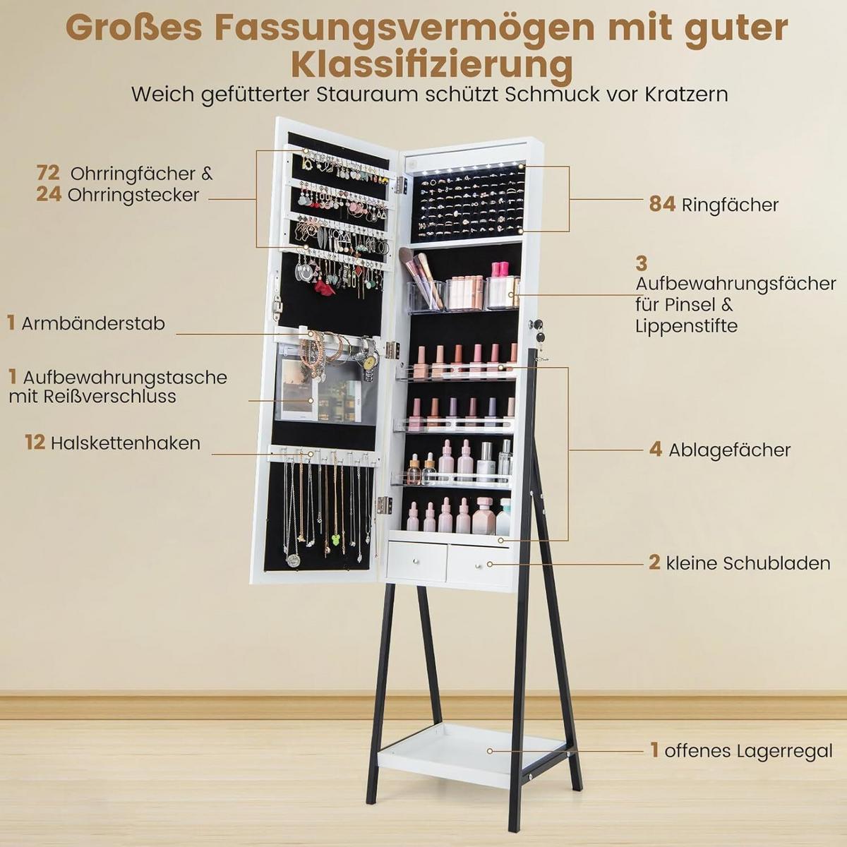 SCHMUCKSCHRANK 160cm Weiß - Weiß, Holz (41/160/35cm) - COSTWAY
