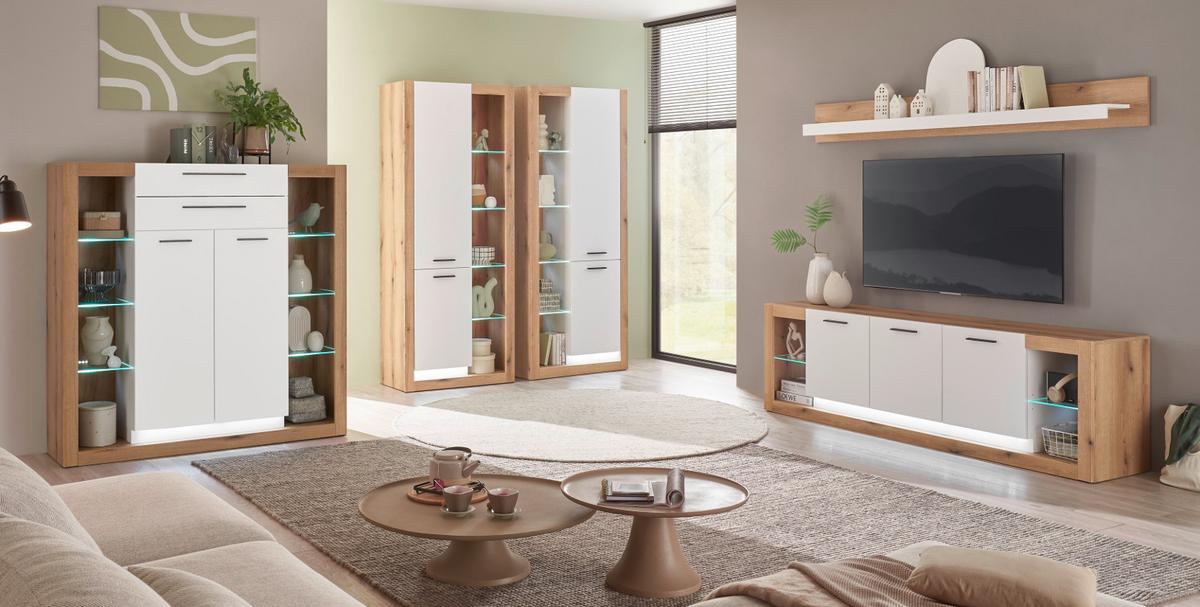 HIGHBOARD weiß matt, Evoke Eiche, Kommode 141 x 139 cm - Eichefarben/Silberfarben, Glas/Holzwerkstoff (141/139/37cm) - Furn.Design