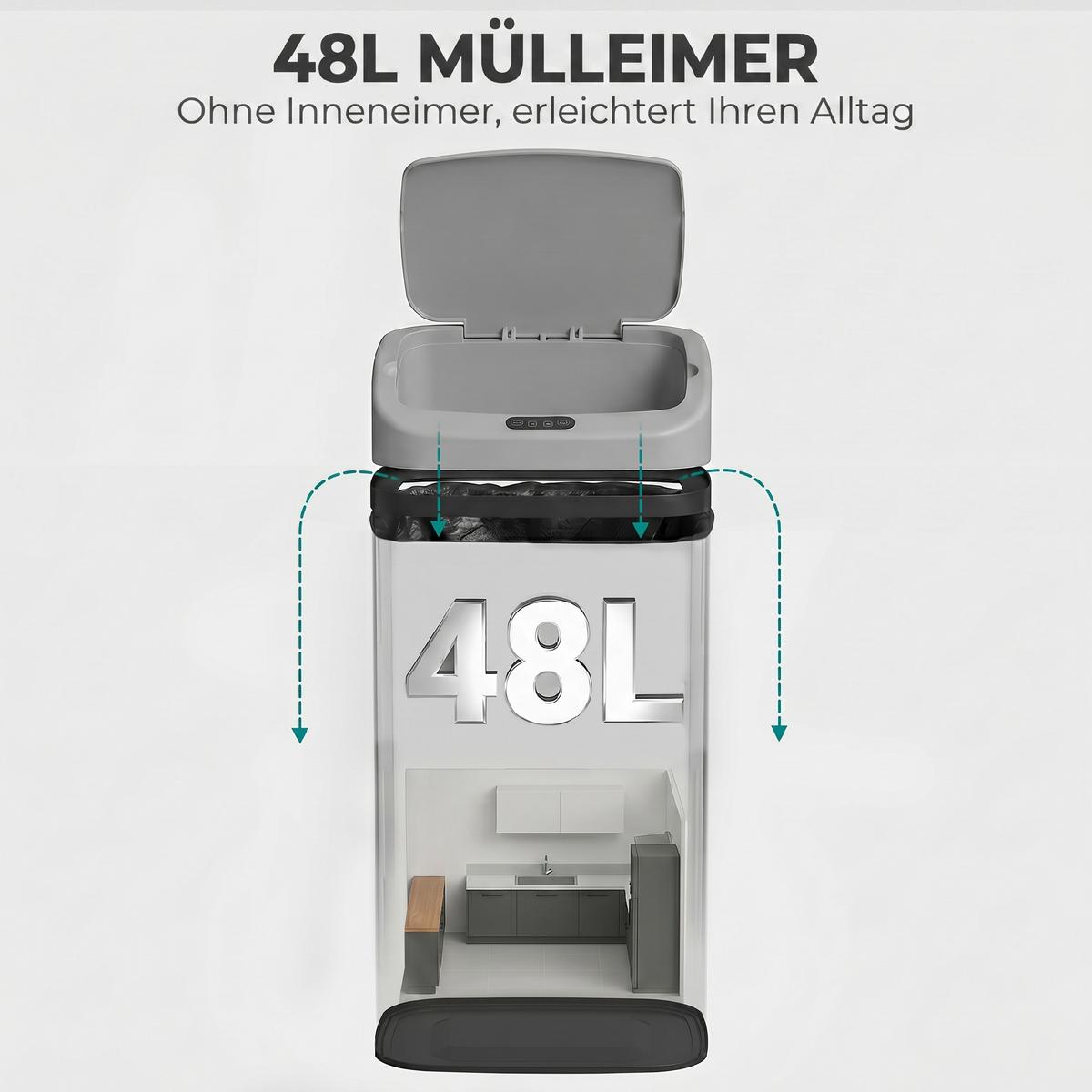 MÜLLEIMER mit Sensor 48L Edelstahl Abfalleimer mit Automatischer Schließfunktion - Silberfarben, Metall (25/69/33cm) - HOMCOM