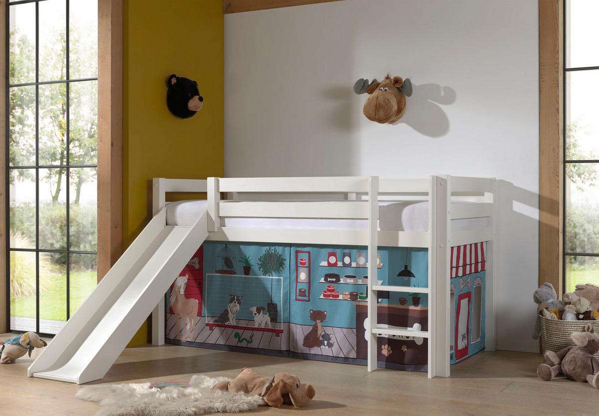 HOCHBETT mit Rutsche Karolina Massivholz Weiß Textilset Pet Shop - Blaugrau/Weiß, Holz (90/200cm) - 58aufmkessel