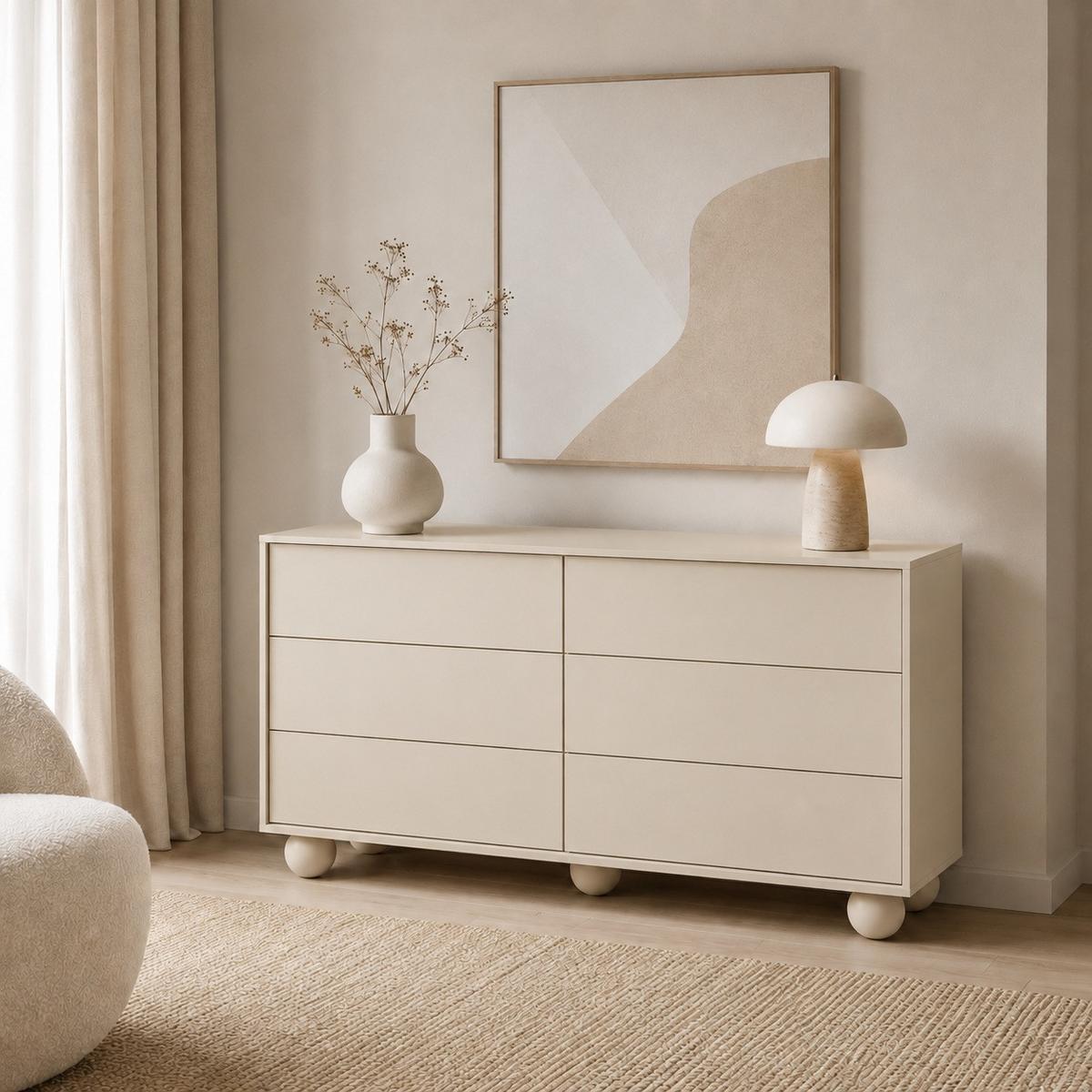KOMMODE Adel mit 6 Schubladen und runden Füßen, 154 cm, Griffloss, Kaschmir - Kaschmir, Holzwerkstoff (154/81/38cm) - Beautysofa