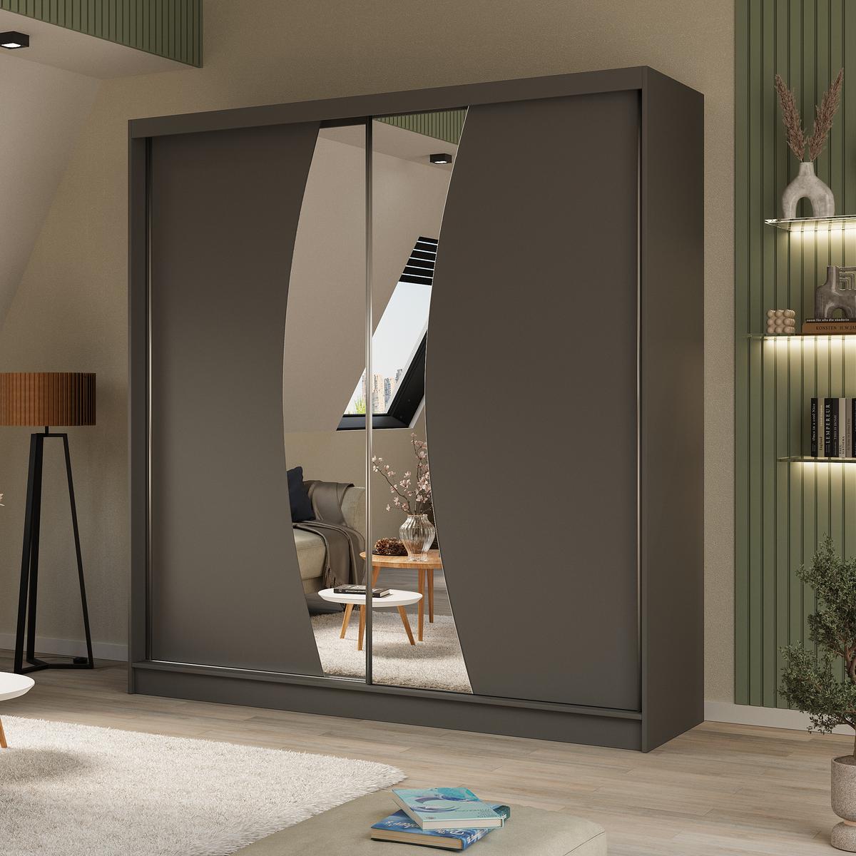 SCHWEBETÜRENSCHRANK Vox II 200/216/61 graphit mit Spiegel und Schubladen - Graphitfarben, Holzwerkstoff (200/216/61cm) - Beautysofa