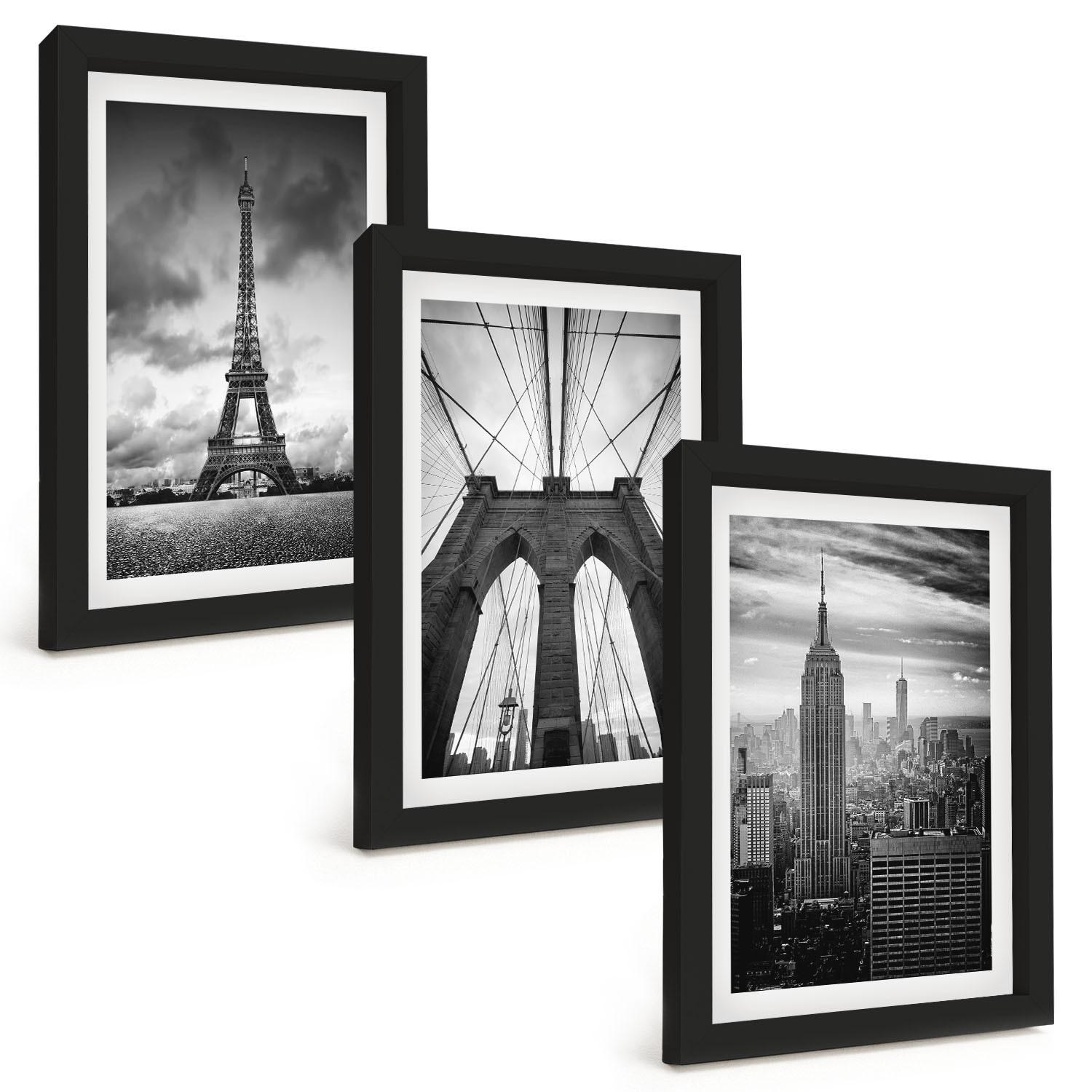 BILDER SET 3er Set - 20x30 cm Schwarzer Rahmen - Monochromatische Brückentürme - Schwarz, Kunststoff (20/30cm) - TULUP