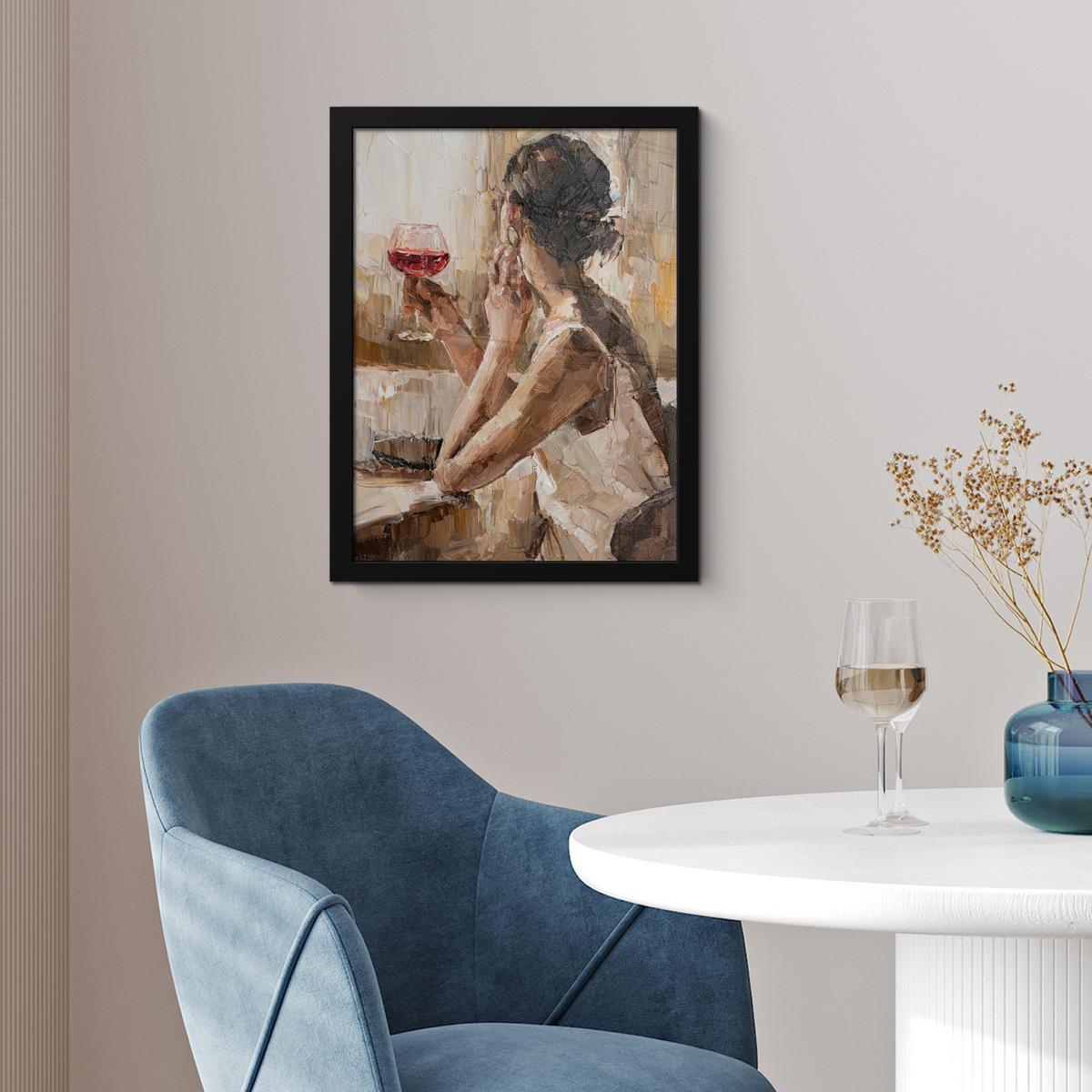 POSTER MIT RAHMEN Ölgemälde - Frau - Wein Bilderrahmen 30x40 cm - Hellbraun, Papier (30/40cm) - MuchoWow