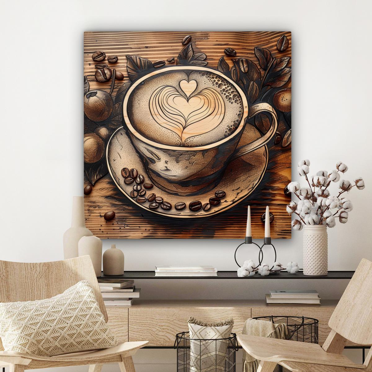 LEINWANDBILD Kaffee - Vintage - Braun - Tasse - Holz Deko Groß 90x90 cm - Braun, Textil (90/90cm) - MuchoWow