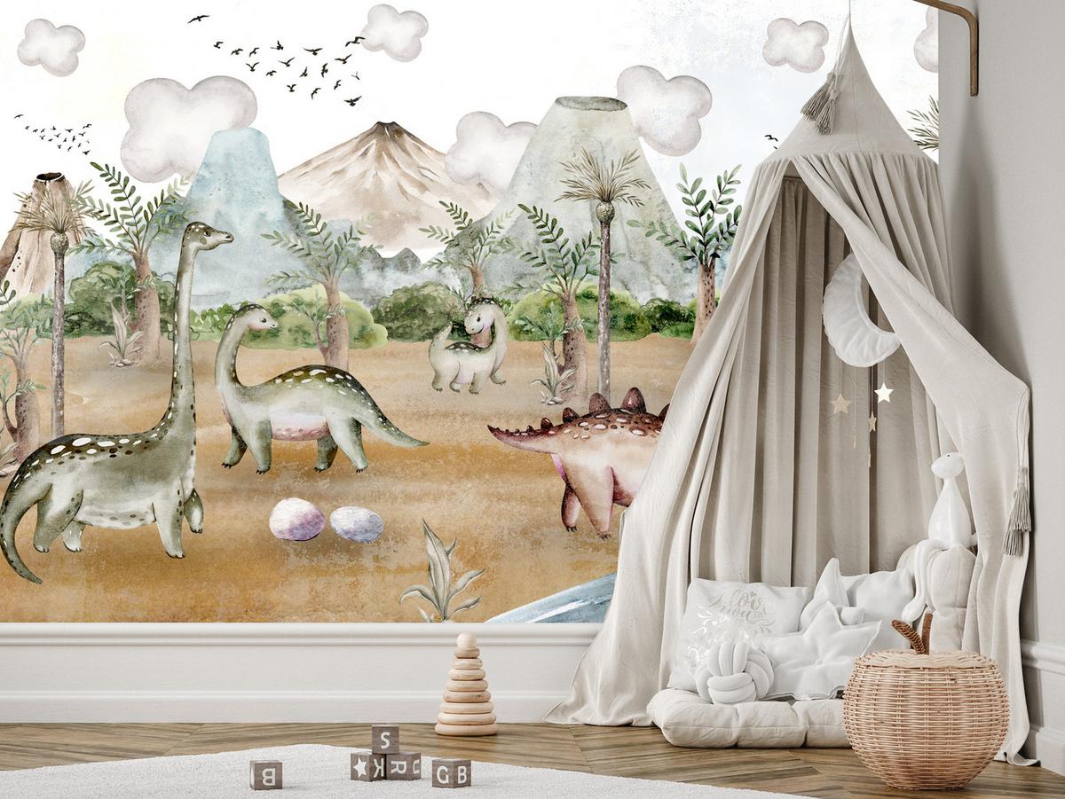 FOTOTAPETE für Kinderzimmer Dinosaurier Welt Vulkane Aquarell Tropische Bäume 300x210 - Blau/Beige, Papier (300/210cm) - Muralo